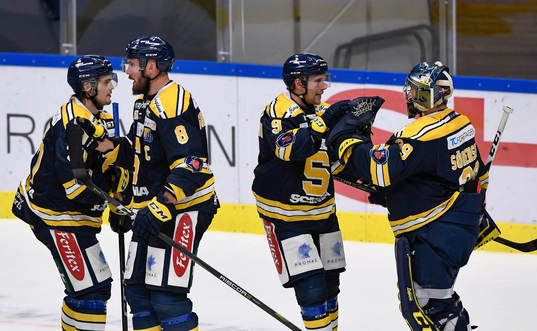 Södertäljes spelare jublar med målvakt George Sörensen