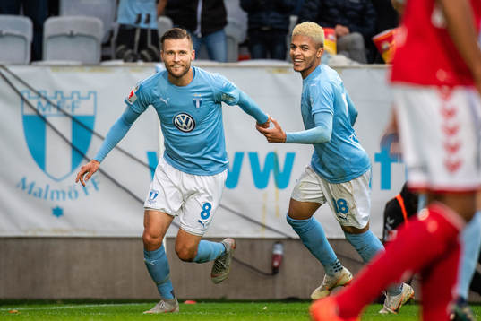 Malmö FFs Arnór Ingvi Traustason och Romain Gall jublar