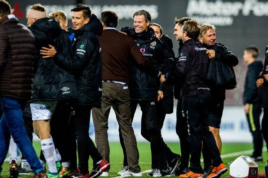 Vegard Hansen, head coach of Mjøndalen, celebrates at the