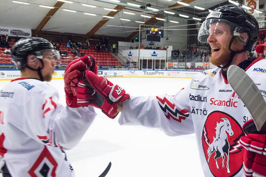 Vita Hästens Kevin Elgestål jublar med Christopher Fish