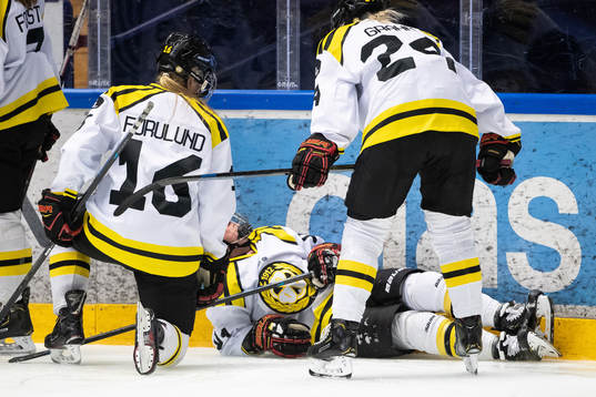 Brynäs Cassandra Vilgrain ligger på isen bakom Brynäs