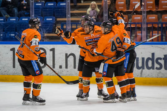 Endre Medby of Frisk Asker celebrates with his teammates