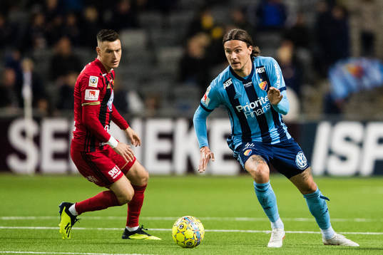 Östersunds Jamie Hopcutt och Djurgårdens Erik Johansson