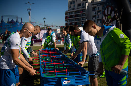 Athletes of team Slovenia play table football at the Youth