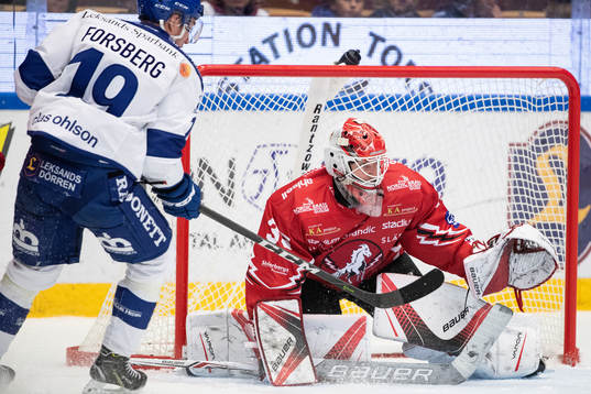 Leksands Tobias Forsberg och Vita Hästens målvakt Marcus