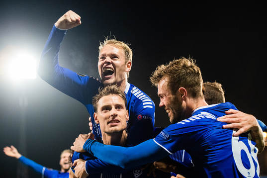 Kristoffer Zachariassen of Sarpsborg 08 celebrates