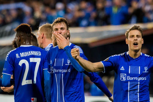 Patrick Mortensen of Sarpsborg 08 celebrates with his
