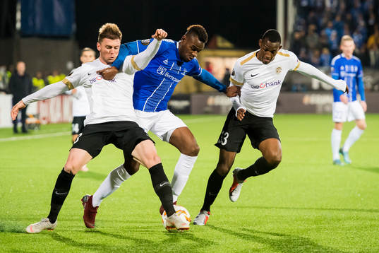Bojan Nastic of Genk, Rashad Muhammed of Sarpsborg 08 and