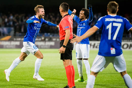 Patrick Mortensen of Sarpsborg 08 celebrates