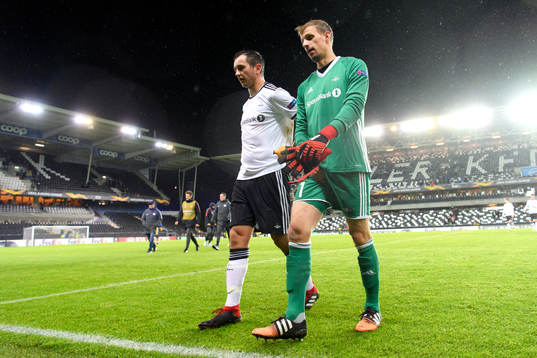 Even Hovland and goalkeeper André Hansen of Rosenborg