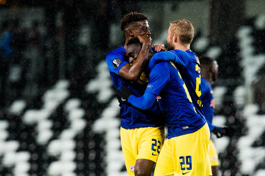Nordi Mukiele and Jean-Kevin Augustin of RB Leipzig
