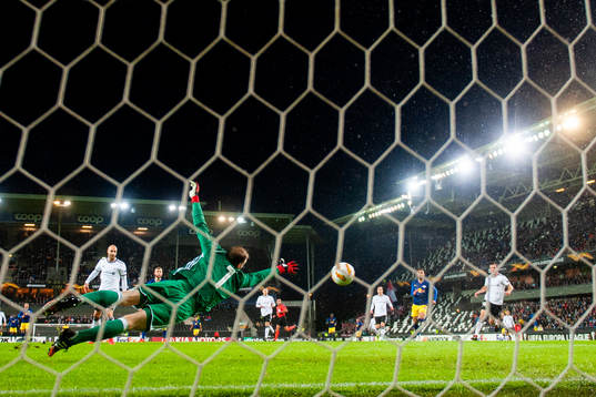 Goalkeeper André Hansen of Rosenborg lets in the 0-1 goal