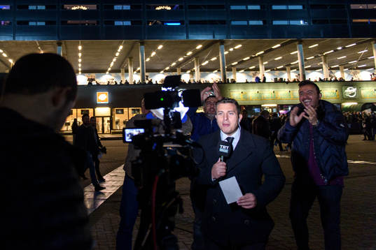 A Turkish TV-team outside the stadium ahead the Europa