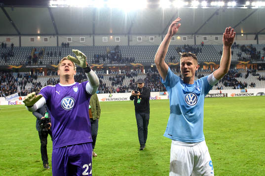 goalkeeper Johan Dahlin and Markus Rosenberg of Malmö FF