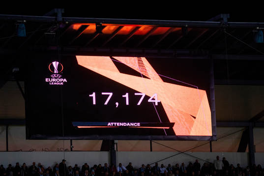 Scoreboard announcing the game attendance of 17174