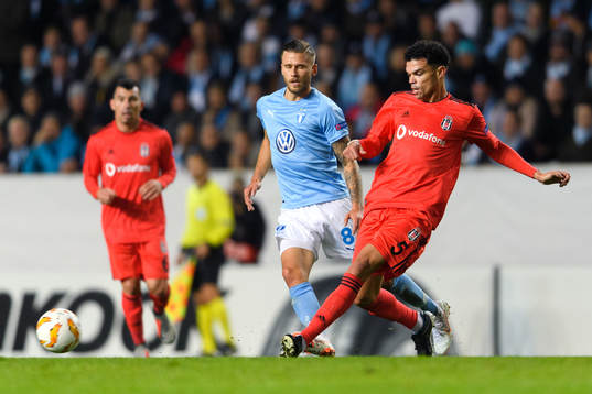 Arnór Ingvi Traustason of Malmö FF and Pepe of Besiktas