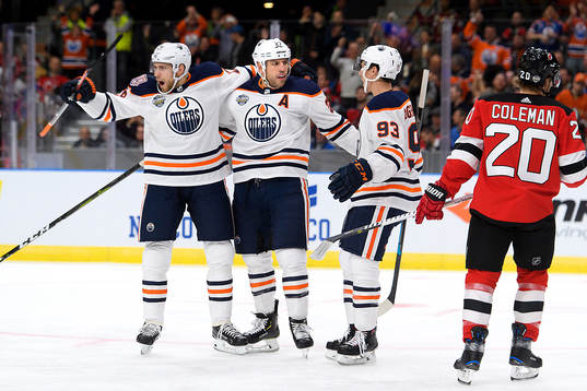 Milan Lucic of the Edmonton Oilers celebrates with his team