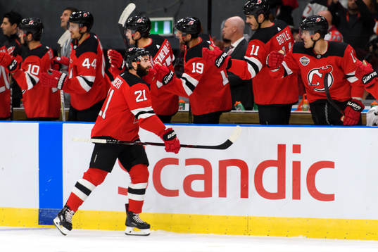 Kyle Palmieri of the New Jersey Devils celebrates