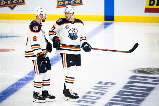 Adam Larsson and Oscar Klefbom of the Edmonton Oilers