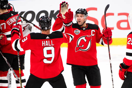 Taylor Hall and Andy Greene of the New Jersey Devils