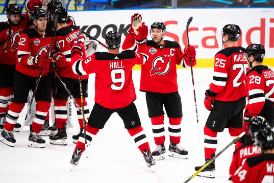 Taylor Hall and Andy Greene of the New Jersey Devils