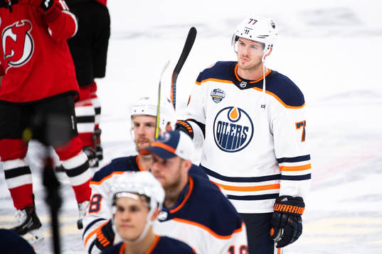 Oscar Klefbom of the Edmonton Oilers looks dejected