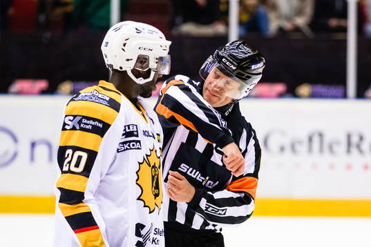 Domare Sören Persson i diskussion med Skellefteås Edwin