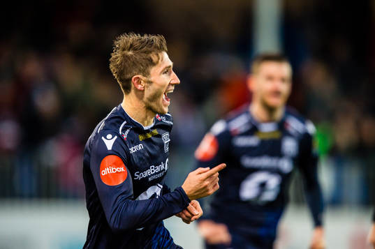 Liridon Kalludra of Kristiansund celebrates the 1-0 goal