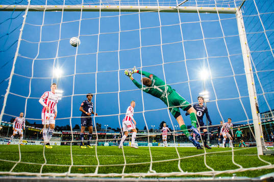 Liridon Kalludra of Kristiansund scores the 1-0 goal