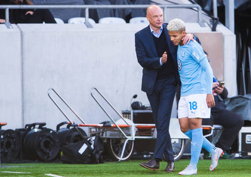 Malmö FFs tränare Uwe Rösler  och Romain Gall