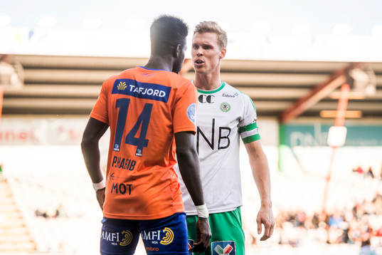 Jacob Egeris of HamKam and Pape Habib Gueye of Aalesund