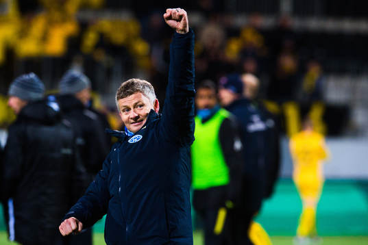 Ole Gunnar Solskjær, manager of Molde, celebrates