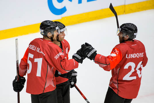 Mats Rosseli Olsen of Frölunda celebrates scoring 1-0 with