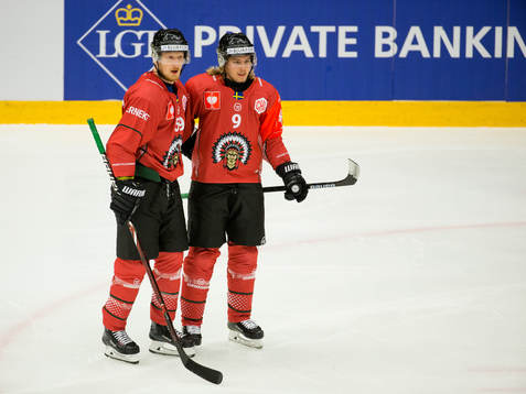 Tim Söderlund celebrates scoring 3-0 with team mate Simon