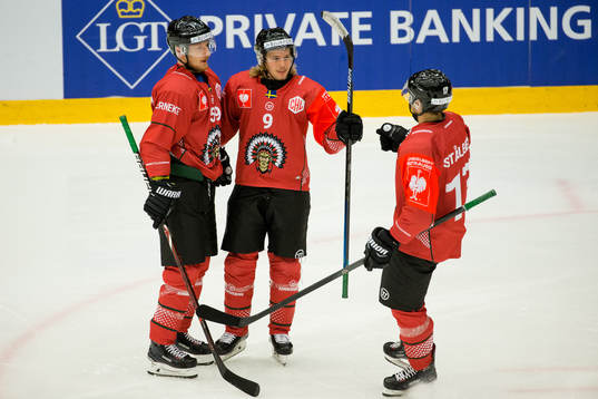 Tim Söderlund celebrates scoring 3-0 with team mate Simon