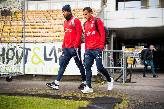 Joshua King and Omar Elabdellaoui of Norway arrive