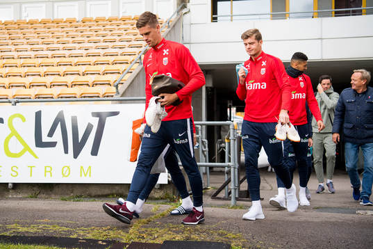 Markus Henriksen and Alexander Sørloth of Norway arrive
