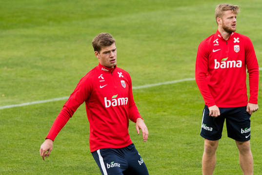 Alexander Sørloth and Fredrik Midtsjø of Norway