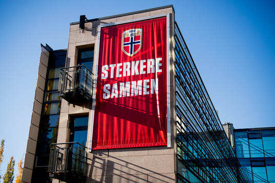 General exterior view of Ullevaal Stadion and a banner with