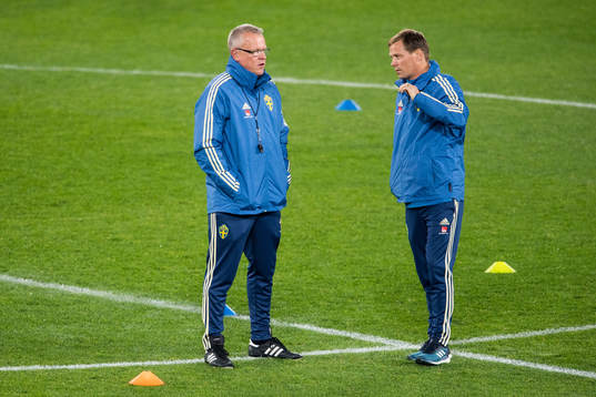 Head coach Janne Andersson and scout Roger Sandberg of