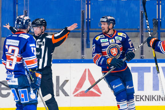 Växjös Martin Lundberg får en puck i mål men Domare