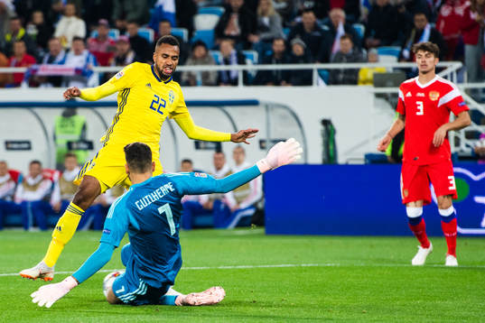 Isaac Kiese Thelin of Sweden challenges goalkeeper