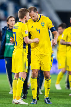 Sebastian Larsson and Andreas Granqvist of Sweden looks