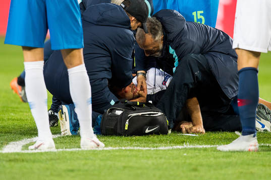 Luka Krajnc of Slovenia with an injury