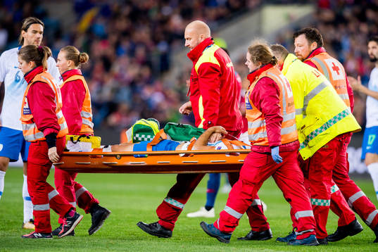 Luka Krajnc of Slovenia with an injury