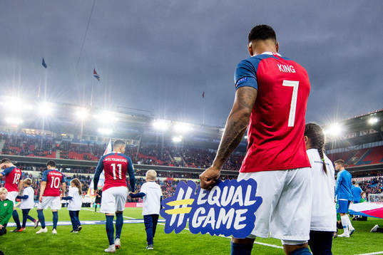 Joshua King of Norway enters the pitch