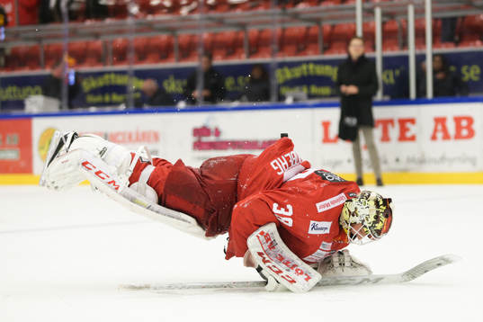 Almtunas målvakt Oscar Fröberg jublar