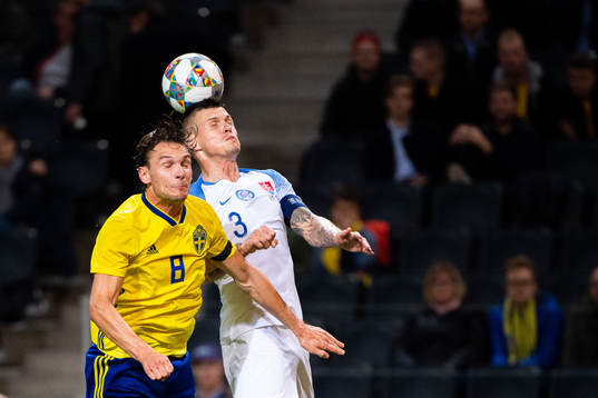 Albin Ekdal of Sweden and Martin Skrtel of Slovakia