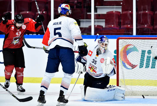 Max Görtz of Malmö Redhawks (not pictured) scores a goal