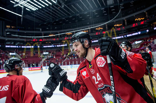 Emil Molin and Martin Janolhs of Malmö Redhawks celebrates